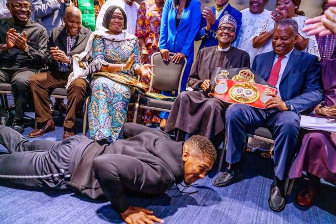 Photos: Nigerian President Muhammadu Buhari 'floors' Anthony Joshua