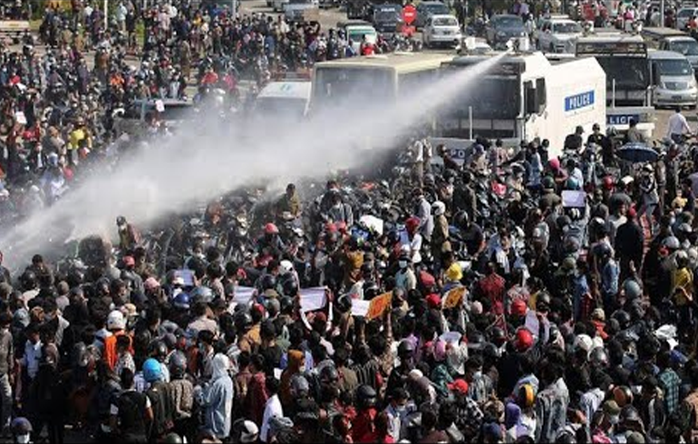 Myanmar Coup: Police Use Water Cannon As Thousands Strike