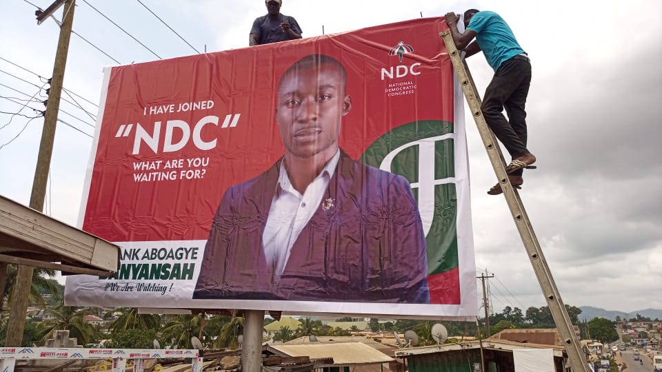 Obuasi Residents Mount Bill Boards To Celebrate Frank Aboagye Danyansah After Defecting From PPP To NDC