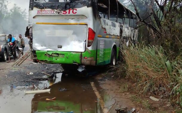 Two Dead, Four Injured As STC Bus, Fuel Tanker And Two Vehicles Go Up In Flames In Etukrom Crash