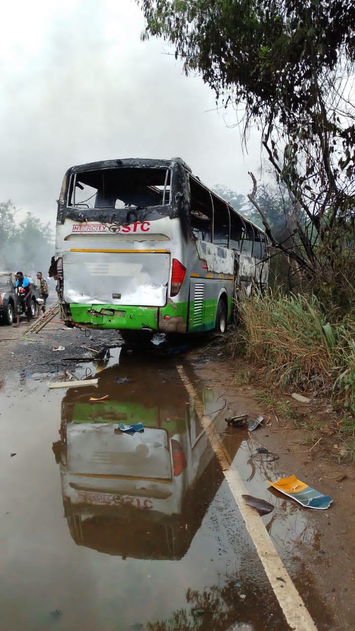Two Dead, Four Injured As STC Bus, Fuel Tanker And Two Vehicles Go Up In Flames In Etukrom Crash
