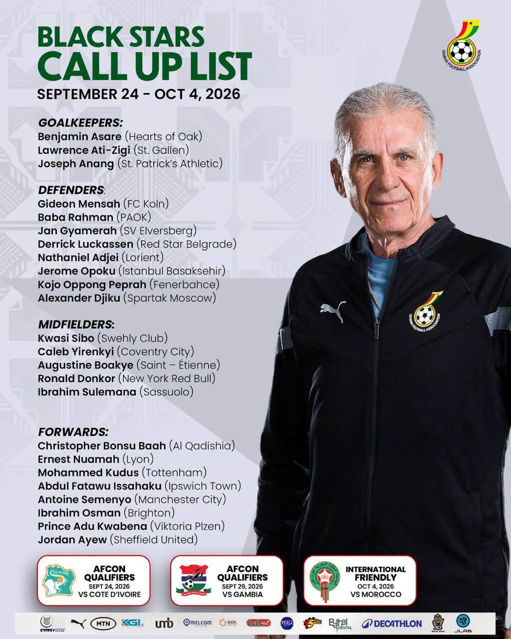 Ghana Coach Carlos Queiroz Names Squad For AFCON 2027 Qualifier As Kudus And Djiku Return